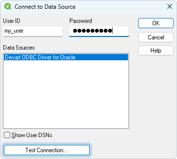 The Connect to Data Source dialog with a selected DSN and entered credentials