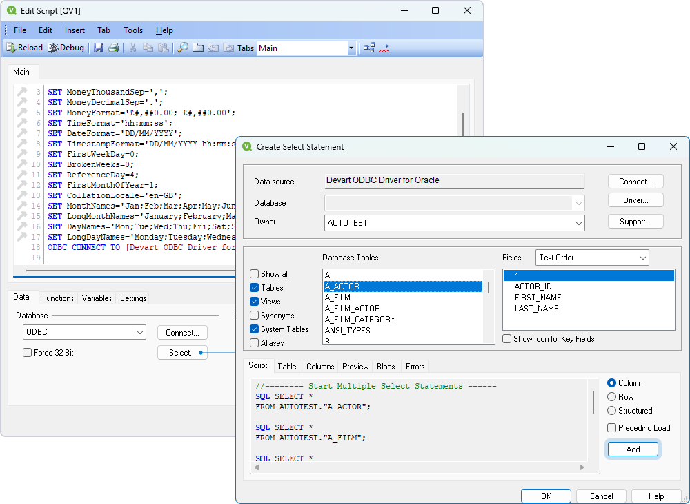 The Create Select Statement dialog with selected tables and fields