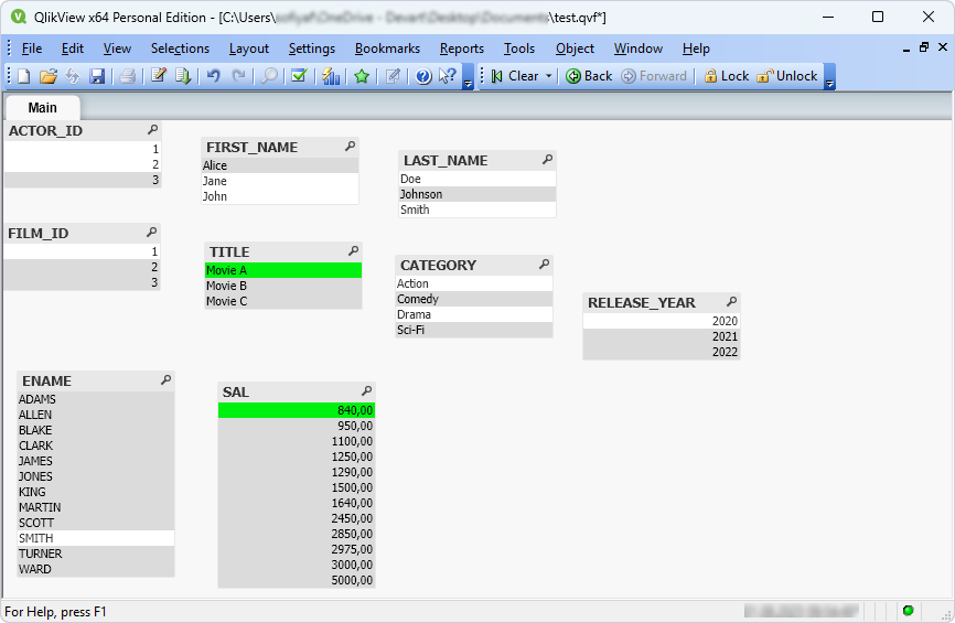 A sheet with fields from Oracle displayed as list boxes