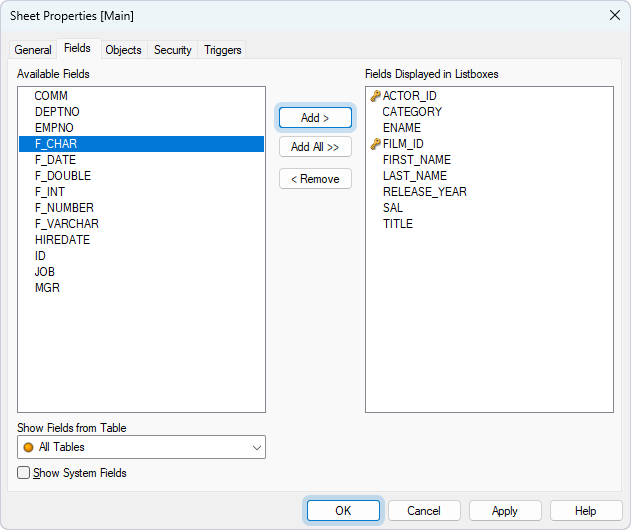 The Sheet Properties dialog with selected fields to be displayed as list boxes