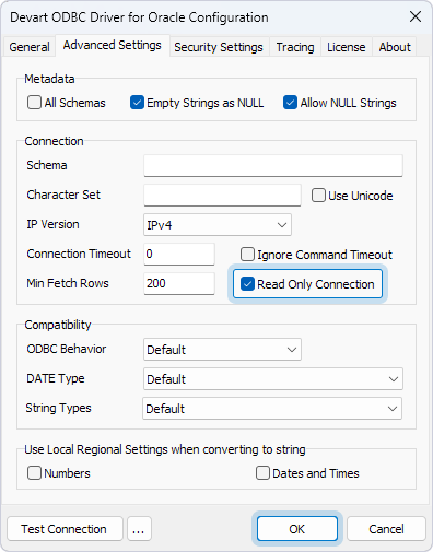Advanced Settings tab in the Devart ODBC Driver Configuration dialog