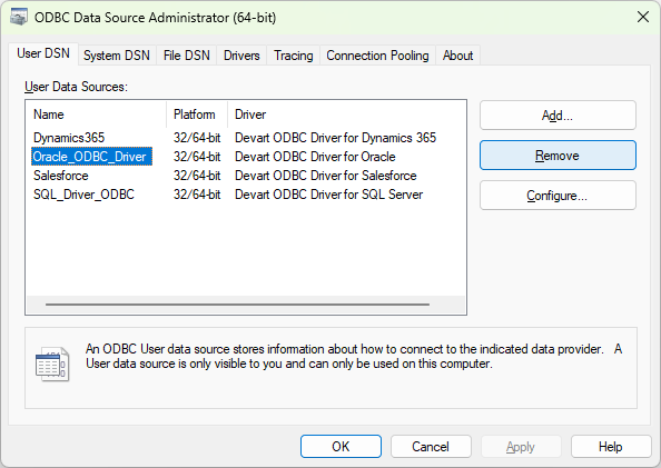 ODBC Data Source Administrator window, with the ODBC driver selected and the Remove button highlighted.