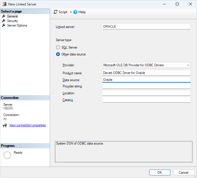 The New Linked Server dialog with fields filled in