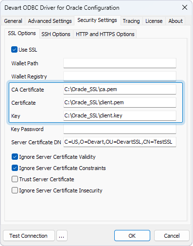 The Security Settings tab in the ODBC Data Source Administrator with the filled CA Certificate, Certificate, and Key fields