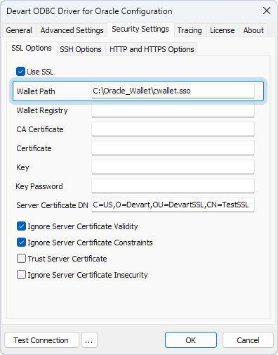The Security Settings tab in the ODBC Data Source Administrator with the filled Wallet Path field