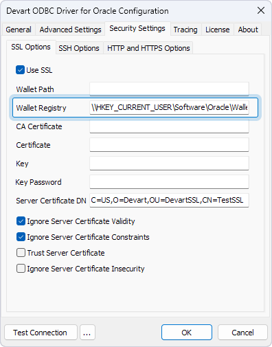 The Security Settings tab in the ODBC Data Source Administrator with the filled Wallet Registry field