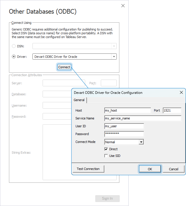 The Other Databases (ODBC) and Devart ODBC Driver for Oracle Configuration dialogs