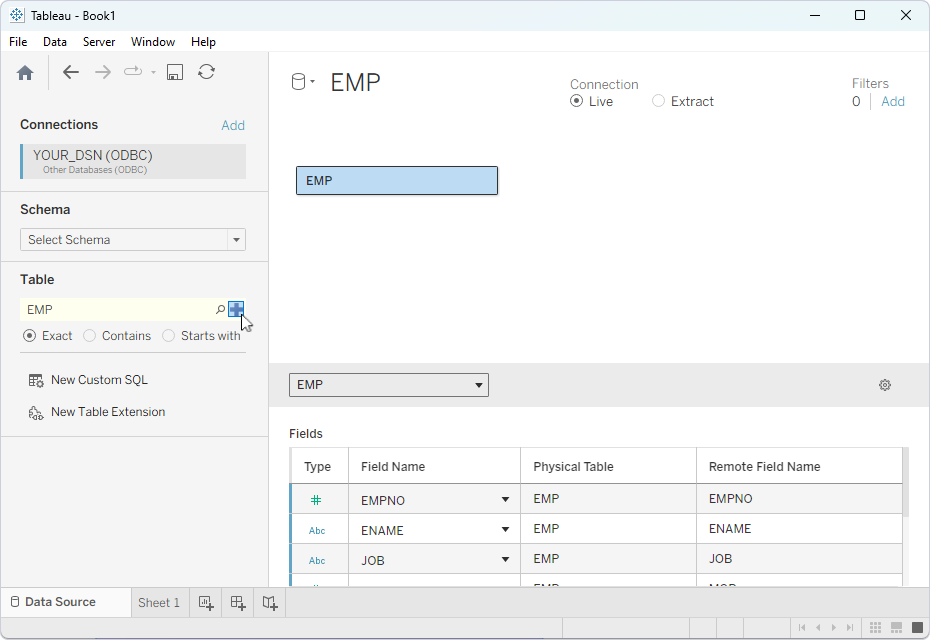 The Data Source page with the displayed table