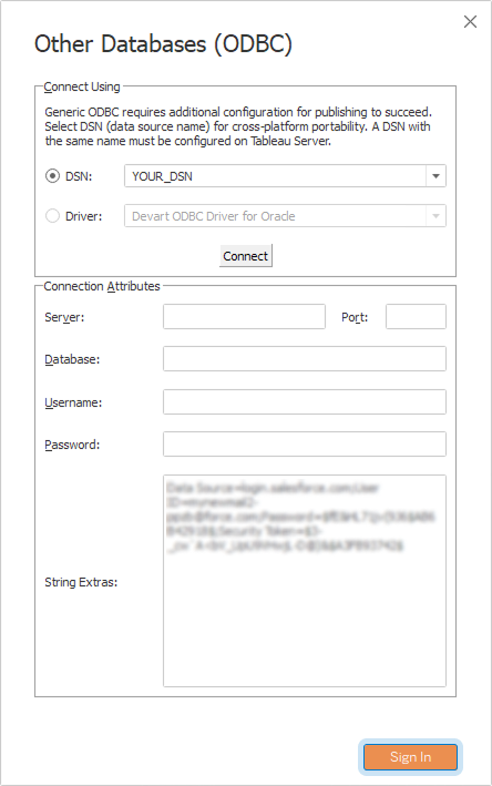 The Other Databases (ODBC) dialog with the active Sign In button
