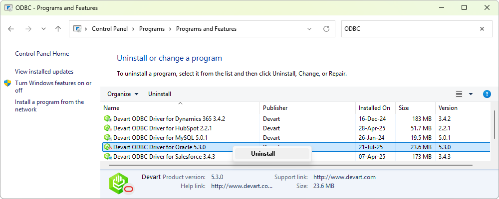 Programs and Features window, with the ODBC driver selected and the Uninstall option highlighted.