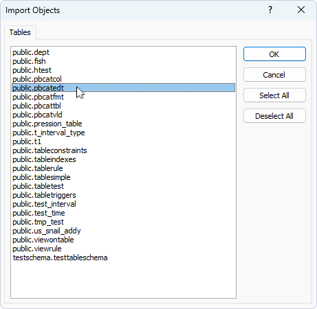 Select the tables for import