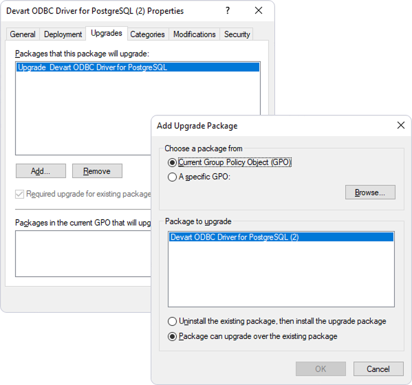Properties dialog for the ODBC driver and Add Upgrade Package dialog with the option to upgrade over the existing package selected.