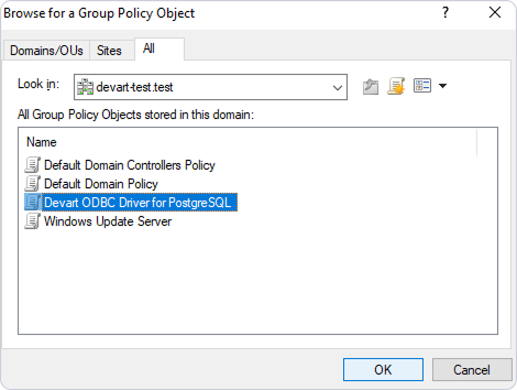 Browse for a Group Policy Object dialog with the driver policy selected.