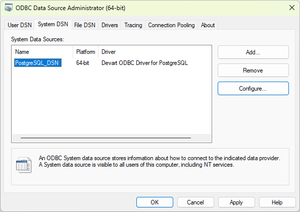 A selected DSN in ODBC Data Source Administrator