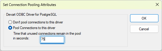 The Set Connection Pooling Attributes dialog in ODBC Data Source Administrator
