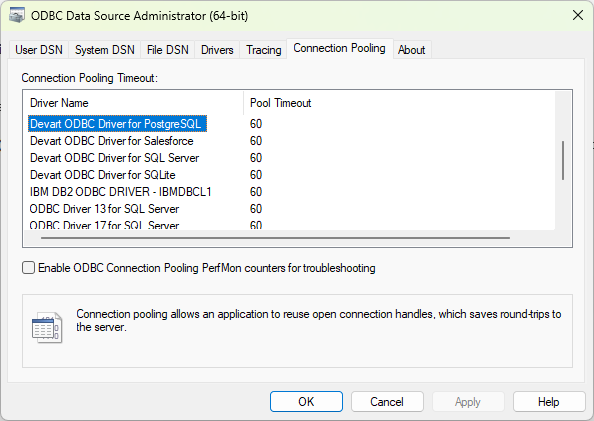 The Connection Pooling tab in ODBC Data Source Administrator