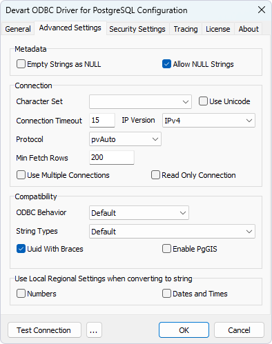 The Advanced Settings tab of the Devart ODBC Driver for PostgreSQL Configuration window