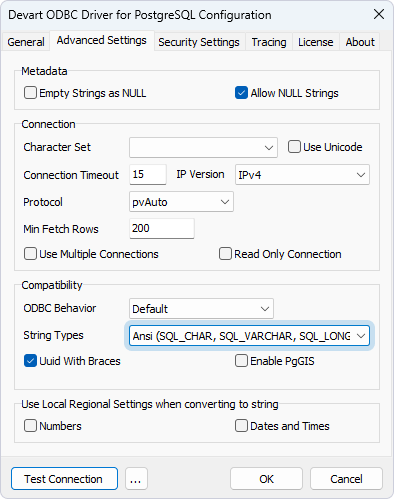 Select Ansi in Advanced Settings of the driver configuration dialog