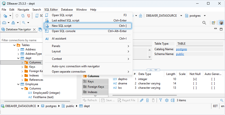 Select SQL Editor > New SQL script in DBeaver Community