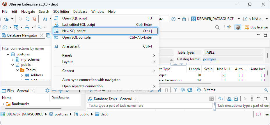 Select SQL Editor > New SQL script in DBeaver Enterprise