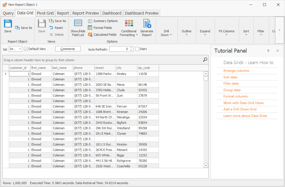 The Data Grid tab of the New Report Object
