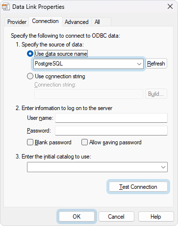 The Data Link Properties dialog with the opened Connection tab