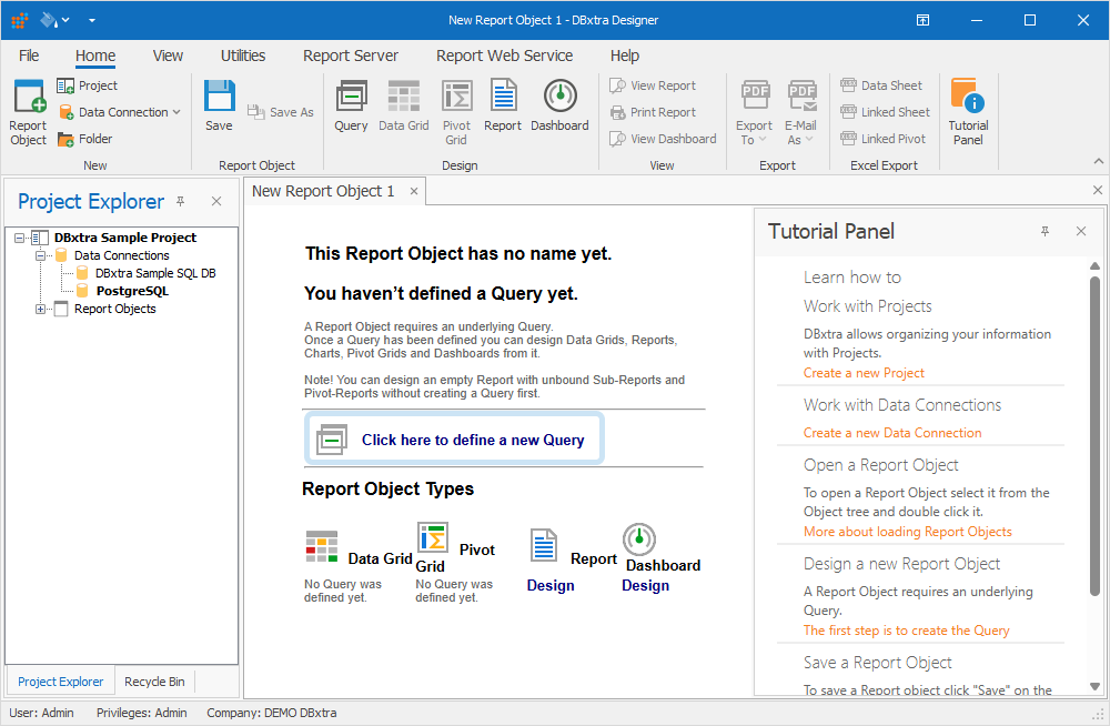 The New Report Object tab in DBxtra Designer