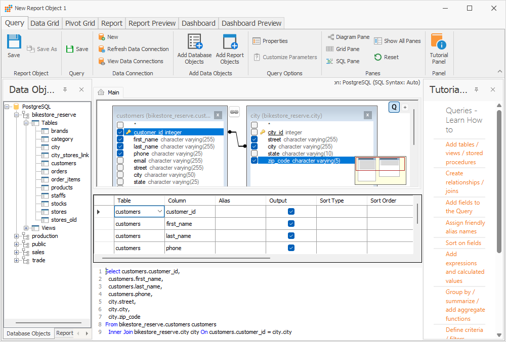 The Query tab of the New Report Object with selected tables and fields