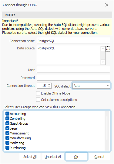 The Connect through ODBC dialog with filled out fields