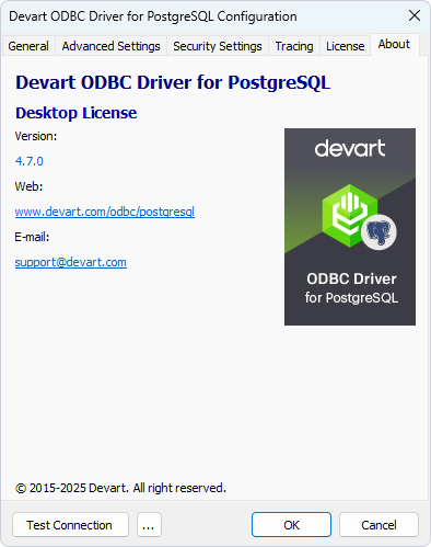 Configuration dialog for the ODBC driver showing the About tab with the driver details.
