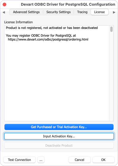 Input Activation Key button highlighted on the License tab in the Devart ODBC Driver Configuration dialog