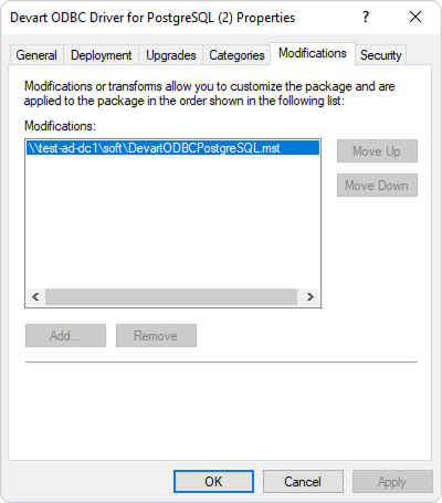 Properties dialog for the ODBC driver showing the Modifications tab with a modification file path listed.