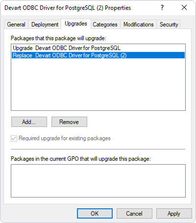 Properties dialog for the ODBC driver showing the Upgrades tab with two items listed: Upgrade and Replace.