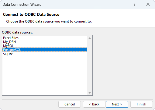 Choose the ODBC data source in the Data Connection Wizard