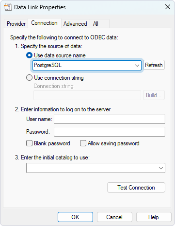 Specify the data source name in Data link Properties