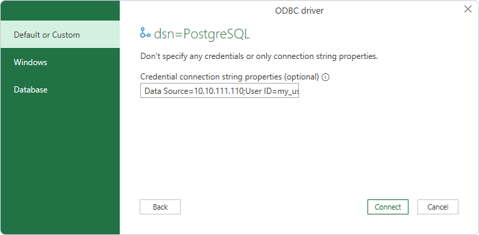 Enter connection string parameters in the ODBC driver dialog