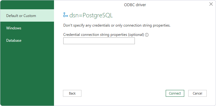 Select Default or Custom in the ODBC driver dialog