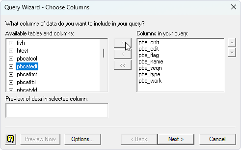 Select tables and/or columns for import