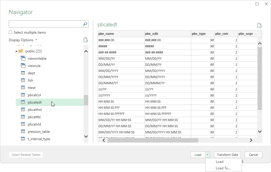 Select tables for import in Navigator