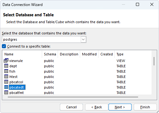 Select Database and Table page of the Data Connection Wizard