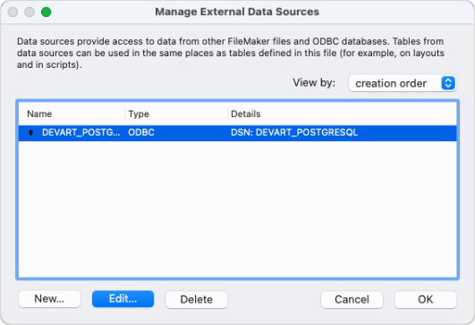 The Manage External Data Sources dialog with an added data source