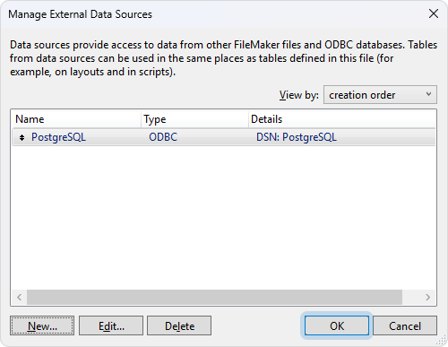 The Manage External Data Sources dialog with an added data source