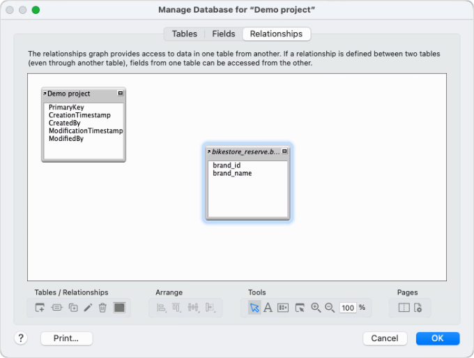 The Manage Database dialog with an added table