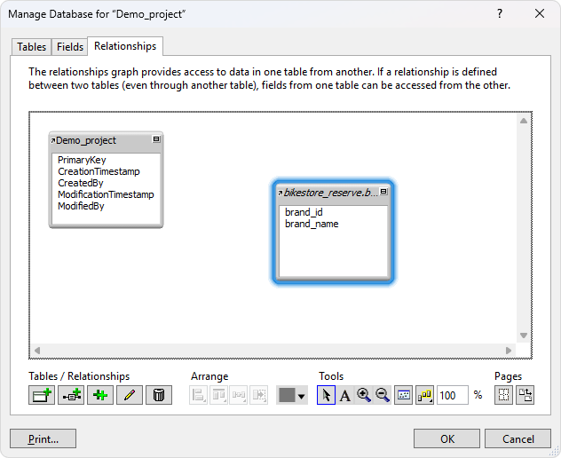 The Manage Database dialog with an added table