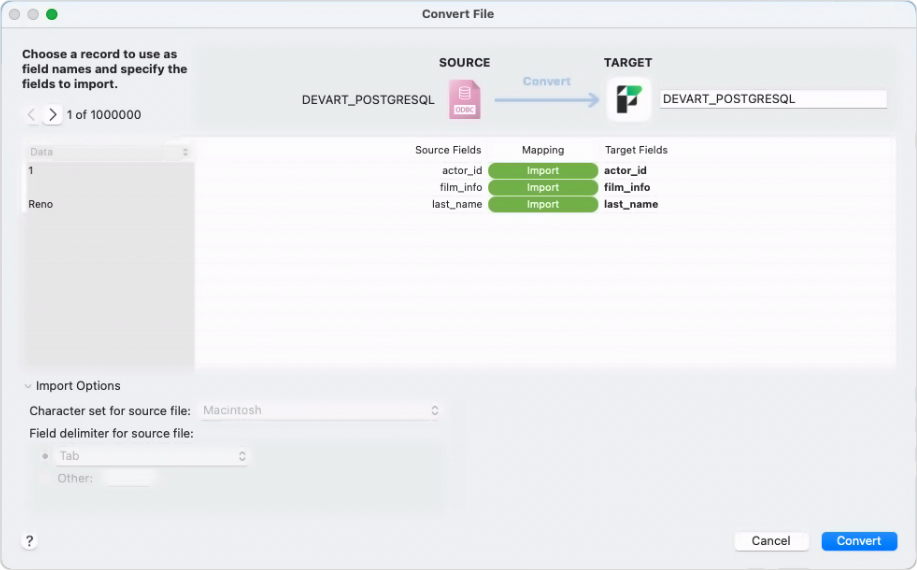 The Convert File dialog with mapped fields and the Import Summary