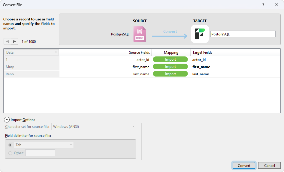 The Convert File dialog with mapped fields and the Import Summary