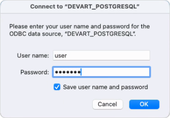 The Connect dialog asking for DSN credentials