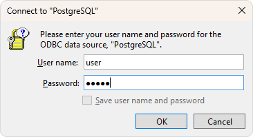 The Connect dialog asking for DSN credentials