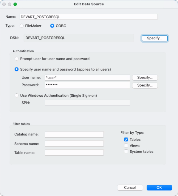 The Edit Data Source dialog with specified data source details