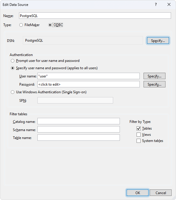 The Edit Data Source dialog with specified data source details